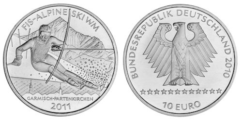 Германия, 10 евро 2010 ADFGJ (UNC) Альпийский чемпионат мира по горнолыжному спорту