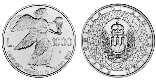Сан Марино, 1000 лир 1990 (UNC, серебро) Чемпионат мира по футболу в Италии