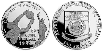 Конго, 500 франков 1992 год, ЧМ по футболу в США, ПРУФ