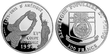 Конго, 500 франков 1992 год, ЧМ по футболу в США, ПРУФ