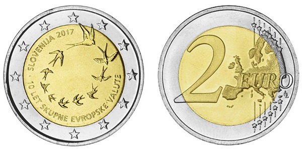 Словения, 2 евро 2017 (UNC) 10-я годовщина евро в Словении