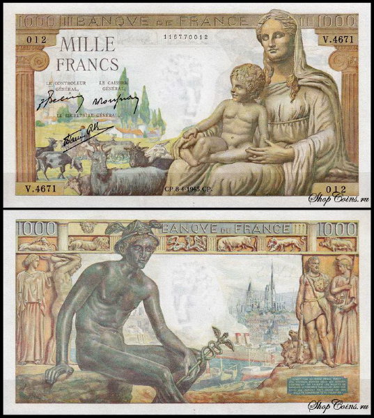 Франция 1000 франков 1943 (UNC- Pick 102)