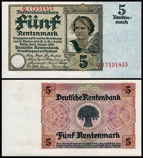 Германия 5 марок 1926 UNC P.169 8-значный номер