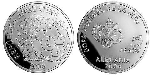 Аргентина, 5 песо 2003 год, ЧМ по футболу в Германии, ПРУФ