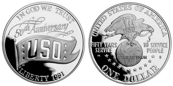 США, 1 доллар 1991 год, 50 лет организации обслуживания вооружённых сил, ПРУФ