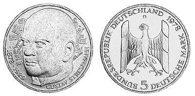 Германия, 5 марок 1978 год, Густав Штреземан