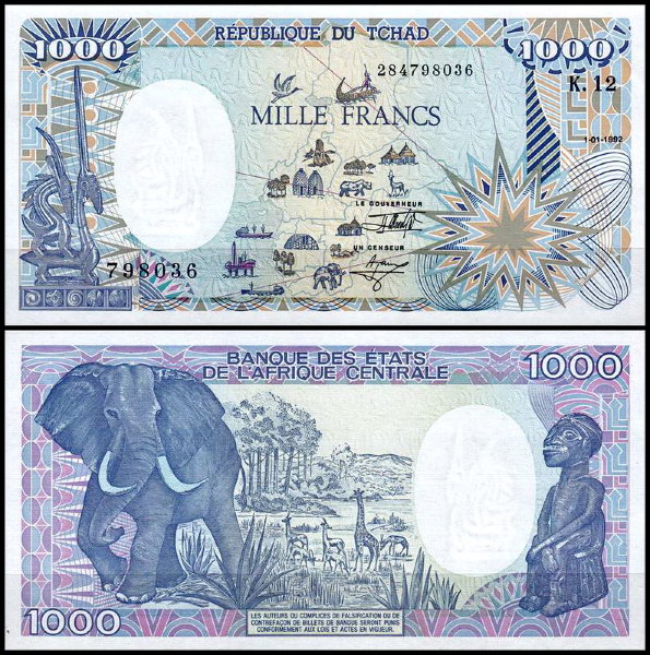 Чад 1000 франков 1992 (UNC Pick 10Ac)