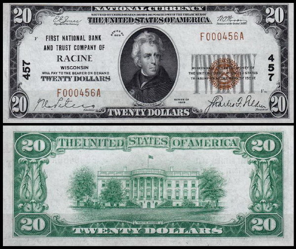 США 20 долларов 1929 (UNC Pick 397) National Currency. Typ 1