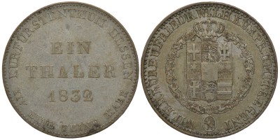 Гессен-Кассель 1 талер 1832 Вильгельм II Гессен-Кассельский (1821-1847) и Фридрих Вильгельм I (1831-1847)