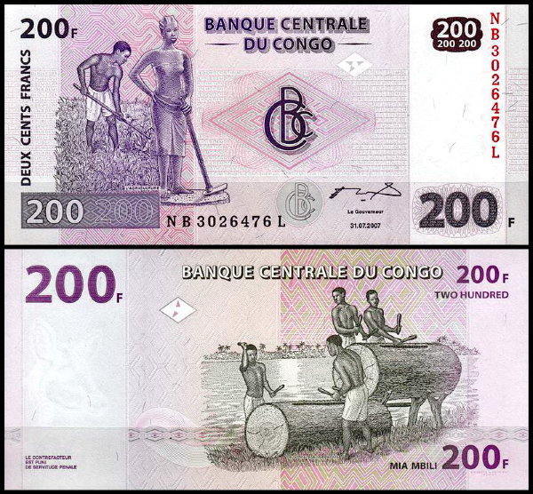ДР Конго 200 франков 2007 (UNC Pick 99a)
