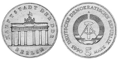 ГДР, 5 марок 1990 год, Бранденбургские ворота в Берлине