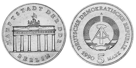 ГДР, 5 марок 1990 год, Бранденбургские ворота в Берлине