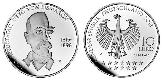 Германия, 10 евро 2015 А (PROOF, серебро) 200 лет со дня рождения канцлера Отто фон Бисмарка