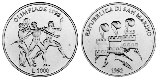 Сан Марино, 1000 лир 1992 (UNC, серебро) XXV летние Олимпийские игры в Барселоне