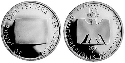 Германия, 10 евро 2002 G (PROOF) 50-летие немецкого телевидения