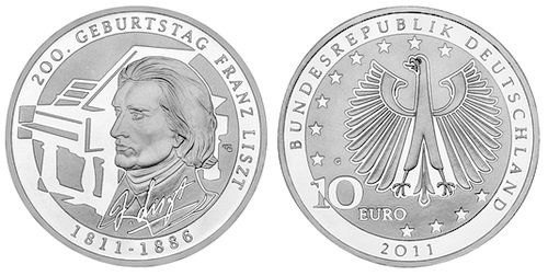 Германия, 10 евро 2011 G (UNC) 200 лет со дня рождения композитора Франца Листа