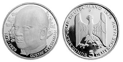 Германия, 5 марок 1978 год, Густав Штреземан, ПРУФ