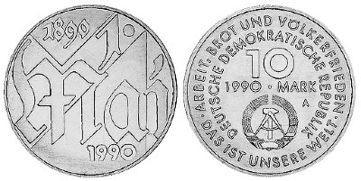 ГДР, 10 марок 1990 год, 100 лет Дню национального труда