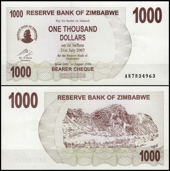 Зимбабве 1000 долларов 2006 (UNC Pick 44)