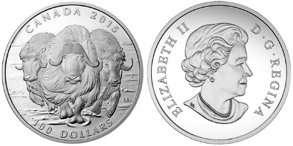 Канада, 100 долларов 2015 год, Овцебыки, BU