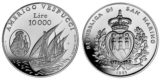Сан Марино, 10000 лир 1995 (PROOF, серебро) Парусный корабль Америго Веспуччи