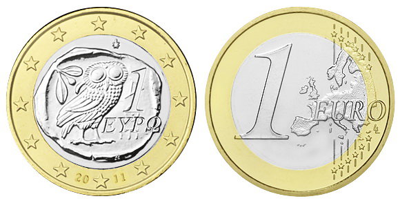 Греция, 1 евро 2011 (UNC, биметалл)