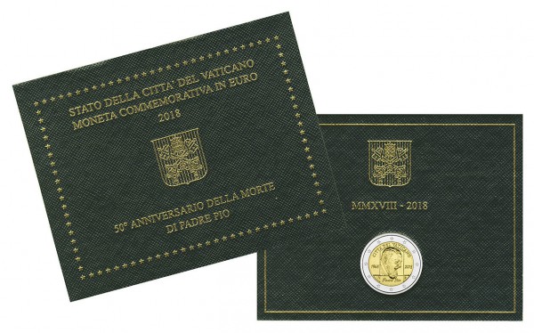 Ватикан, 2 евро 2018 год, 50 лет со дня смерти Падре Пио