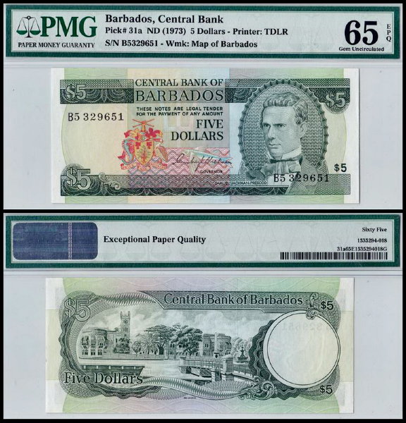 Барбадос 5 долларов 1973 (UNC Pick 31) PMG65