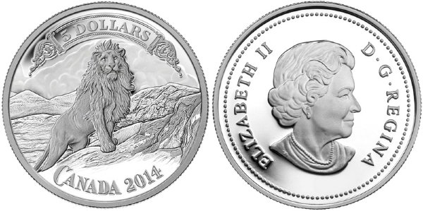 Канада, 5 долларов 2014 год, Лев на горе, ПРУФ
