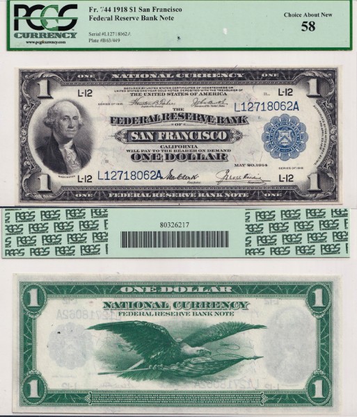 США 1 доллар 1918 (UNC Pick 371) Federal Reserve Bank- San Francisco