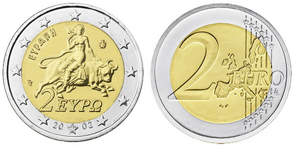 Греция, 2 евро 2002 (UNC, биметалл) Со знаком монетного двора