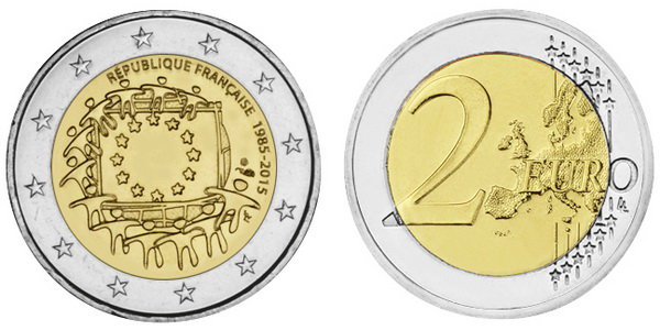 Франция, 2 евро 2015 (UNC) 30 лет флагу ЕС