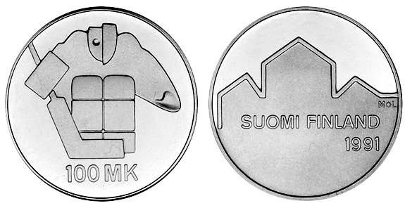 Финляндия, 100 марок 1991 год, ЧМ по хоккею в Финляндии