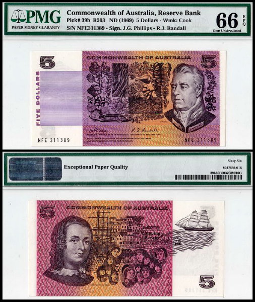 Австралия 5 долларов 1969 (UNC Pick 39b) PMG66