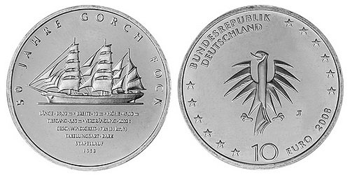 Германия, 10 евро 2008 J (UNC) 50 лет со дня постройки парусника «Gorch Fock»