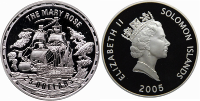 Соломоновы острова, 25 доллар 2005 год - Боевой корабль -Мэри Роуз