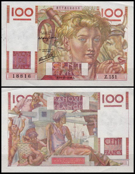 Франция 100 франков 1946 (XF Pick 128a)
