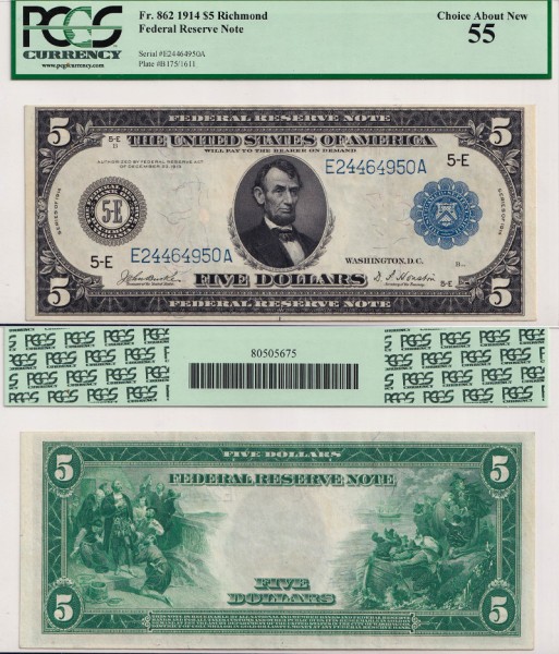 США 5 долларов 1914 (UNC Pick 359) Federal Reserve Notes. PCGS-55