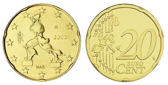 Италия, 20 центов 2002 (UNC, латунь)