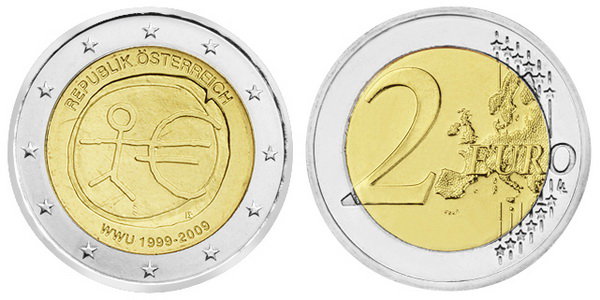 Австрия, 2 евро 2009 год, 10 лет валютного и экономического союза