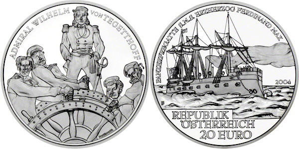 Австрия, 20 евро 2004 год, Фрегат «Эрцгерцог Фердинанд Макс», ПРУФ