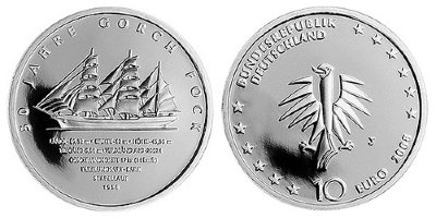Германия, 10 евро 2008 J (PROOF) 50 лет со дня постройки парусника «Gorch Fock»