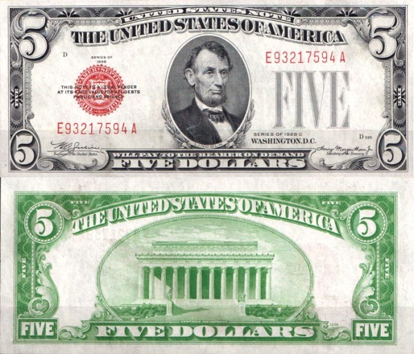 США 5 долларов 1928C (UNC Pick 379c) United States Note