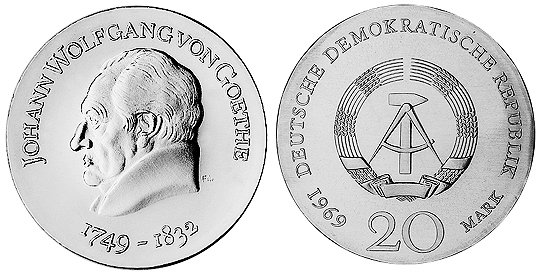 ГДР, 20 марок 1969 год, Иоганн Вольфганг фон Гёте
