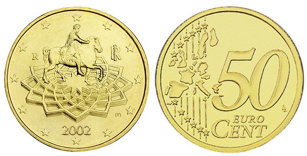 Италия, 50 центов 2002 (UNC, латунь)