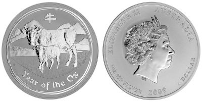Австралия, 1 доллар 2009 (UNC, серебро) Восточный календарь, Год быка