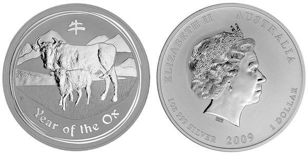 Австралия, 1 доллар 2009 (UNC, серебро) Восточный календарь, Год быка