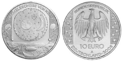 Германия, 10 евро 2008 A (UNC) Уникальный артефакт «Небесный диск из Небры»