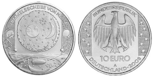 Германия, 10 евро 2008 A (UNC) Уникальный артефакт «Небесный диск из Небры»