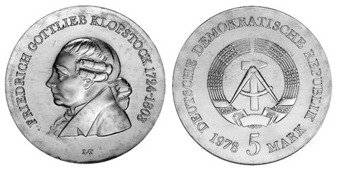 ГДР, 5 марок 1978 год, Фридрих Готлиб Клопшток